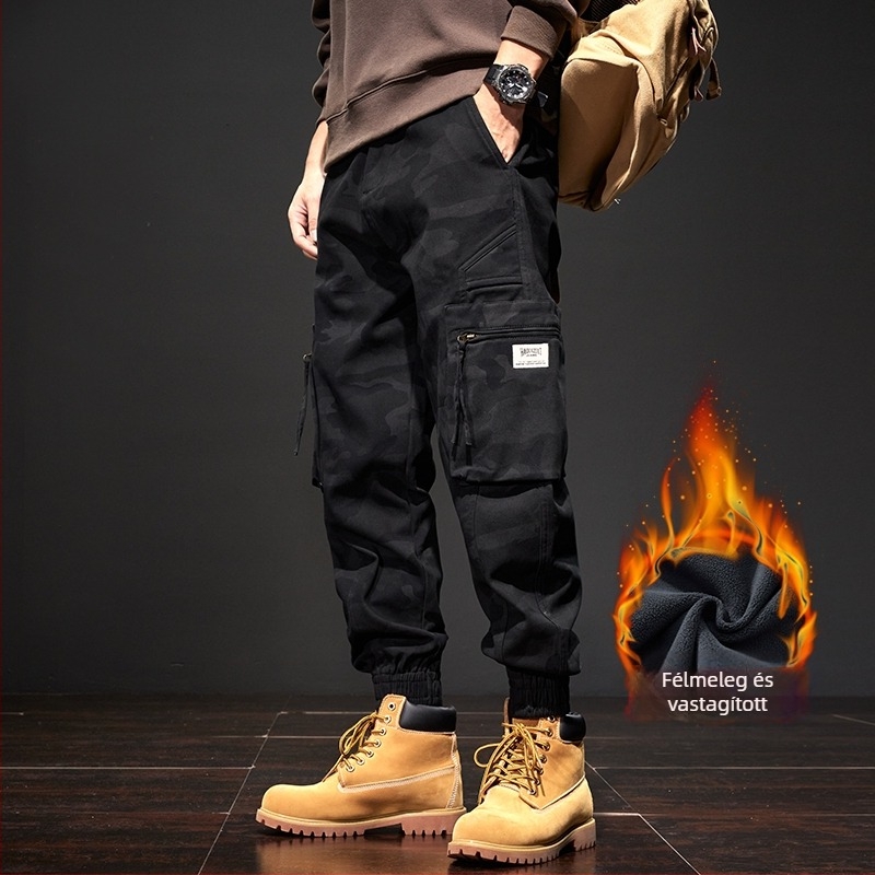 Férfi pamut camouflage cargo nadrág – középmagas derekú, lazán szabott, övvel, para-sztylús, szabadtéri sportokra