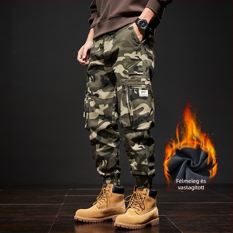 Férfi pamut camouflage cargo nadrág – középmagas derekú, lazán szabott, övvel, para-sztylús, szabadtéri sportokra