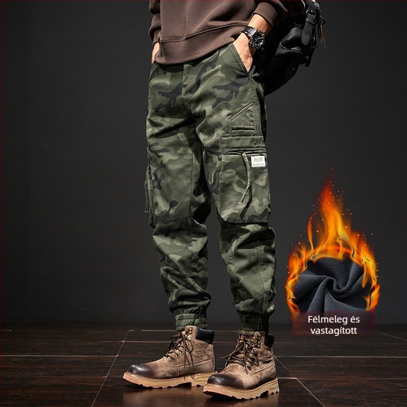 Férfi pamut camouflage cargo nadrág – középmagas derekú, lazán szabott, övvel, para-sztylús, szabadtéri sportokra