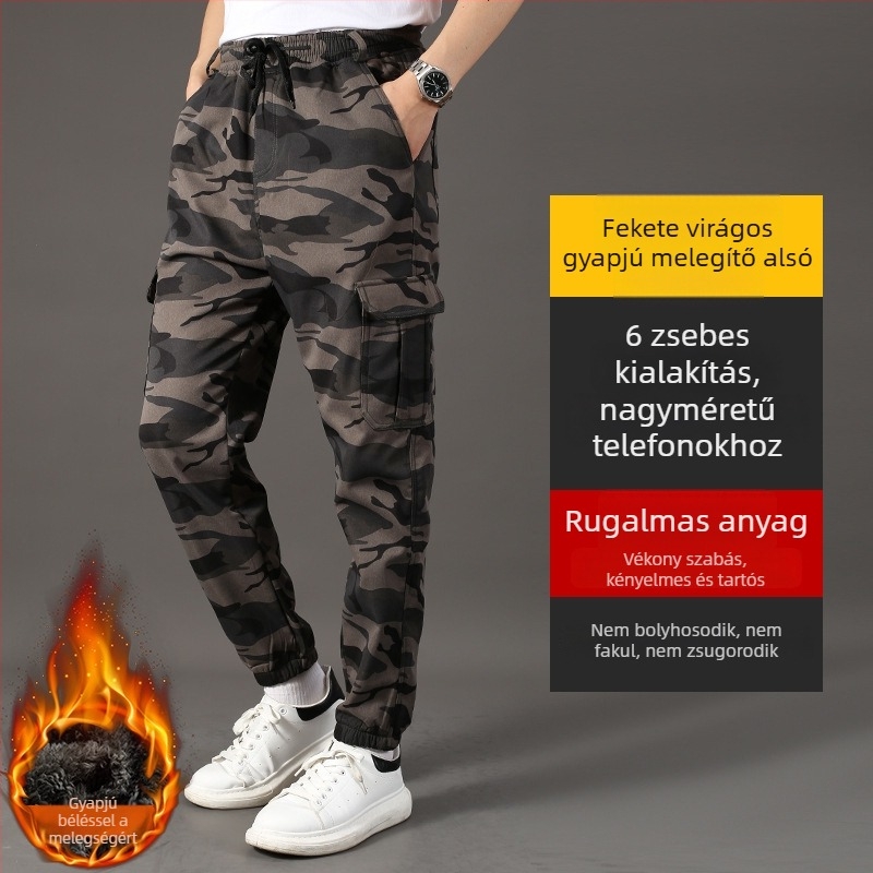 Téli pamutnadrág fleece-béléses, kamuflázás mintás, kopásálló, laza szabás, vízálló munkaruházat férfiak számára