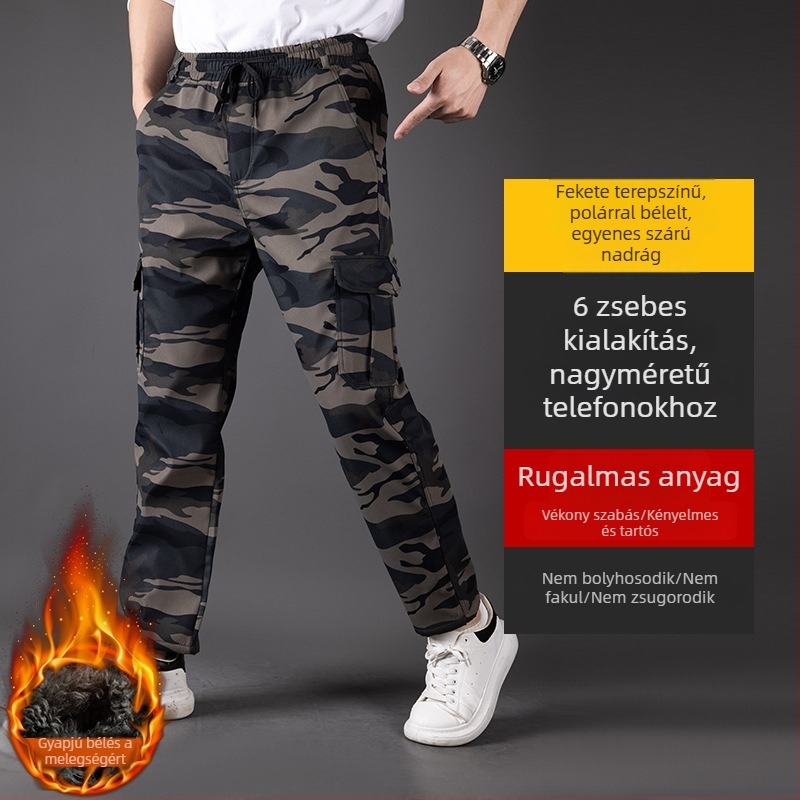 Téli pamutnadrág fleece-béléses, kamuflázás mintás, kopásálló, laza szabás, vízálló munkaruházat férfiak számára