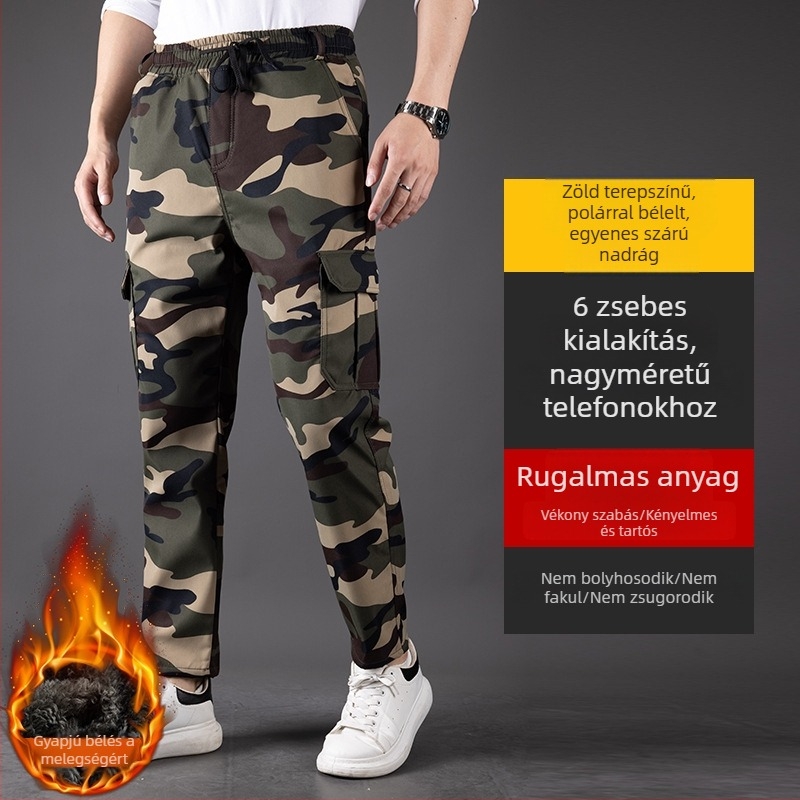 Téli pamutnadrág fleece-béléses, kamuflázás mintás, kopásálló, laza szabás, vízálló munkaruházat férfiak számára