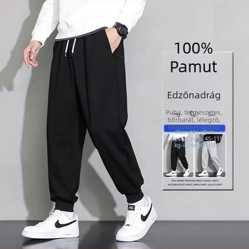 Férfi sportos nadrág, laza szabású, középmagas derekú, kötős zárás és öv, fleece pamut anyag