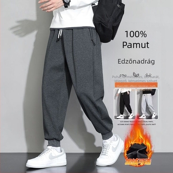 Férfi sportos nadrág, laza szabású, középmagas derekú, kötős zárás és öv, fleece pamut anyag