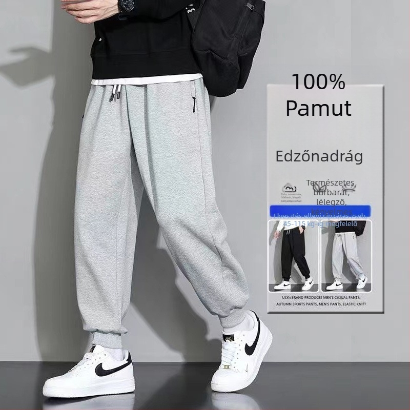 Férfi sportos nadrág, laza szabású, középmagas derekú, kötős zárás és öv, fleece pamut anyag