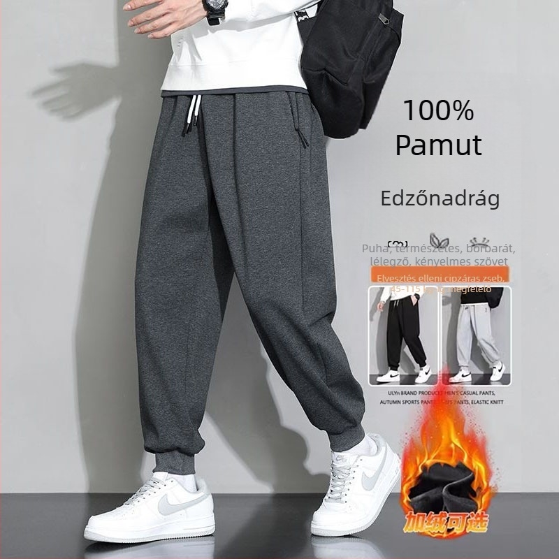 Férfi sportos nadrág, laza szabású, középmagas derekú, kötős zárás és öv, fleece pamut anyag
