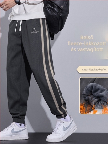 Férfi téli casual nadrág, lazán szabott, fleece-béléssel, megkötős zárás, középmagas derekú, poliészter‑keverék anyag