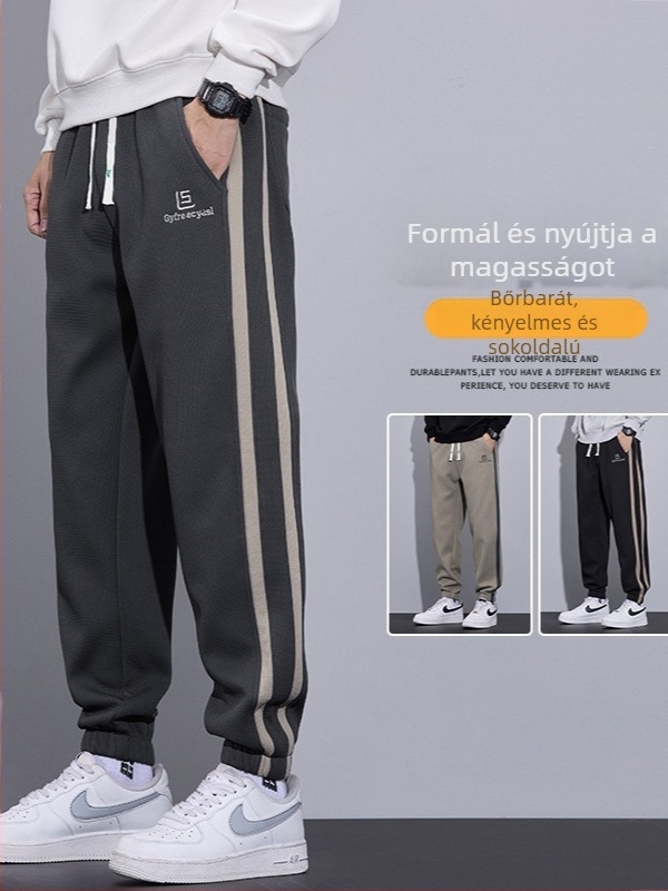 Férfi téli casual nadrág, lazán szabott, fleece-béléssel, megkötős zárás, középmagas derekú, poliészter‑keverék anyag