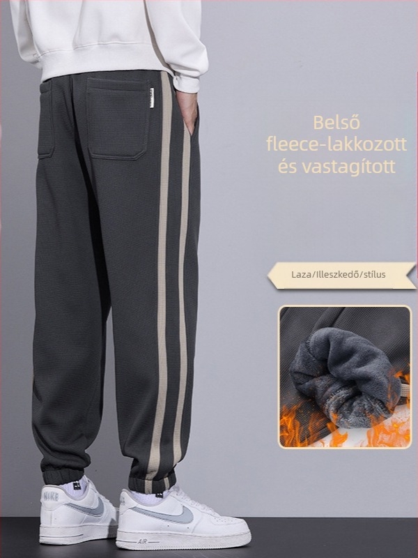Férfi téli casual nadrág, lazán szabott, fleece-béléssel, megkötős zárás, középmagas derekú, poliészter‑keverék anyag