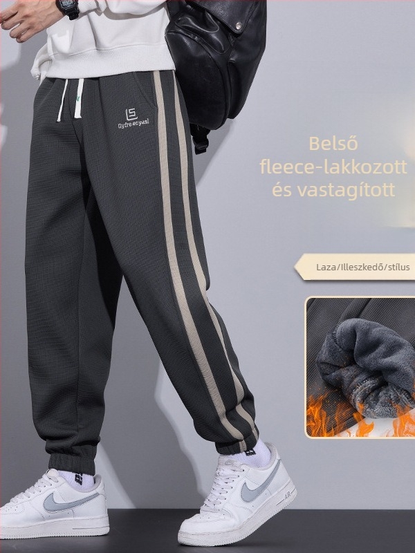 Férfi téli casual nadrág, lazán szabott, fleece-béléssel, megkötős zárás, középmagas derekú, poliészter‑keverék anyag