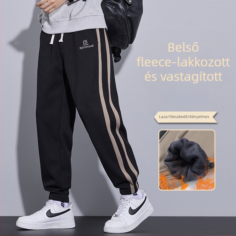 Férfi téli casual nadrág, lazán szabott, fleece-béléssel, megkötős zárás, középmagas derekú, poliészter‑keverék anyag