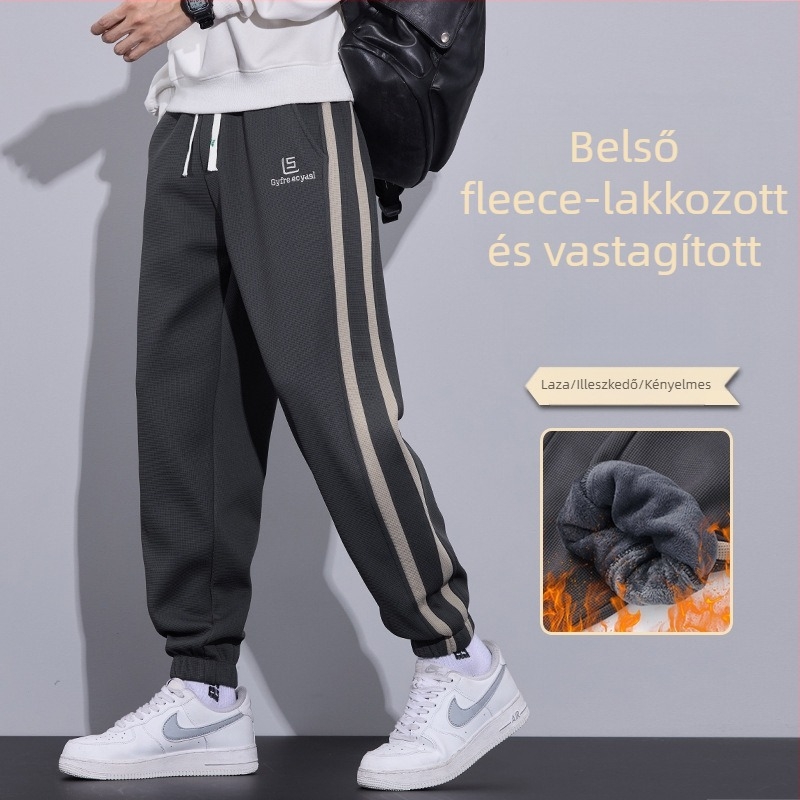 Férfi téli casual nadrág, lazán szabott, fleece-béléssel, megkötős zárás, középmagas derekú, poliészter‑keverék anyag
