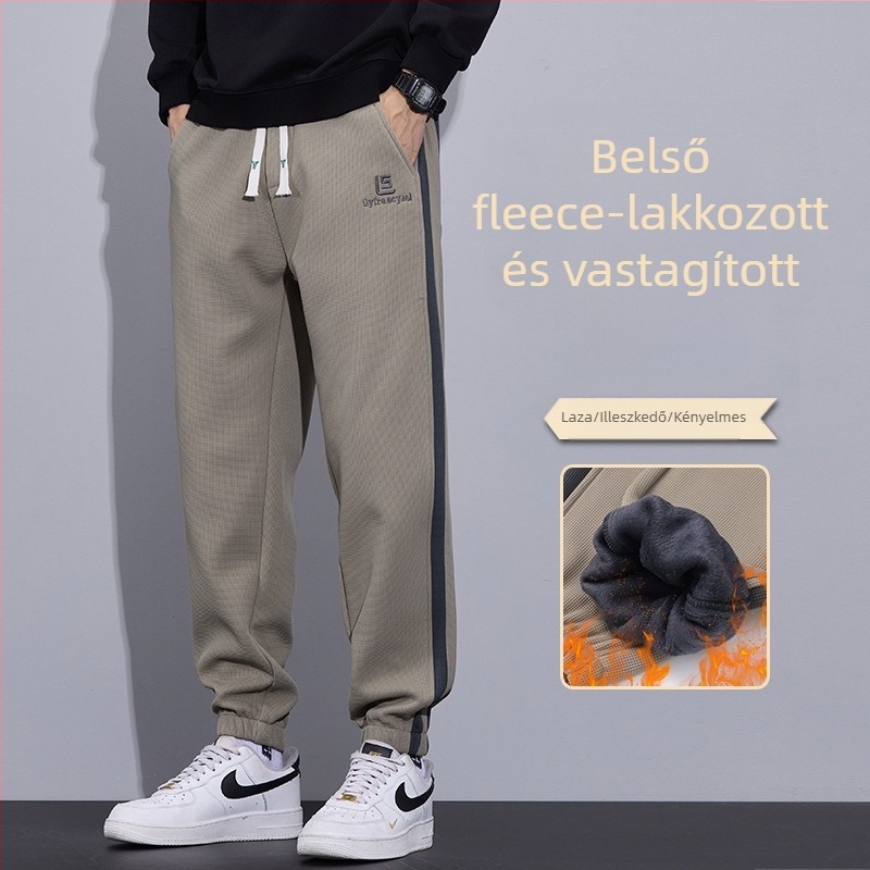 Férfi téli casual nadrág, lazán szabott, fleece-béléssel, megkötős zárás, középmagas derekú, poliészter‑keverék anyag