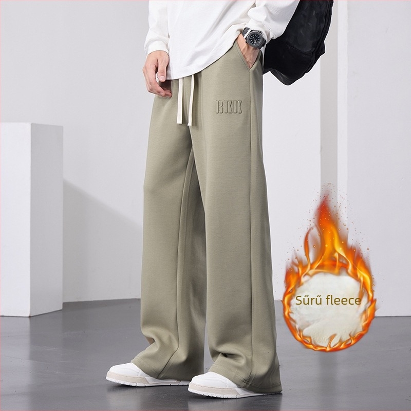 Polár béléses pamut edzésnadrág, laza szabás, hosszú, egyenes szár, középmagas derék kötőzárással — 65% pamut / 35% poliészter