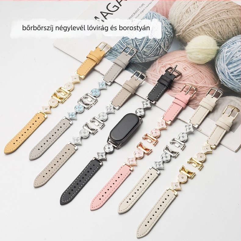 Xiaomi 9/10-kompatibil karóraszíj – Valódi bőr és ötvözet, Négylevelű lóhere csatlakozó, 14 mm interfész, Tűcsat