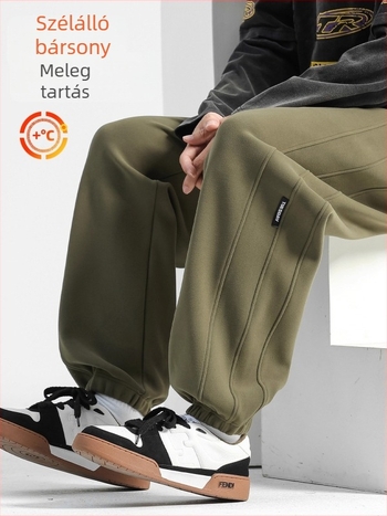 Férfi szélálló, fleece-béléssel ellátott laza sportos nadrág télre, középmagas derék kötővel