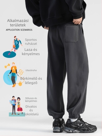 Férfi szélálló, fleece-béléssel ellátott laza sportos nadrág télre, középmagas derék kötővel