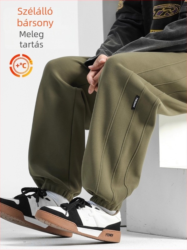 Férfi szélálló, fleece-béléssel ellátott laza sportos nadrág télre, középmagas derék kötővel