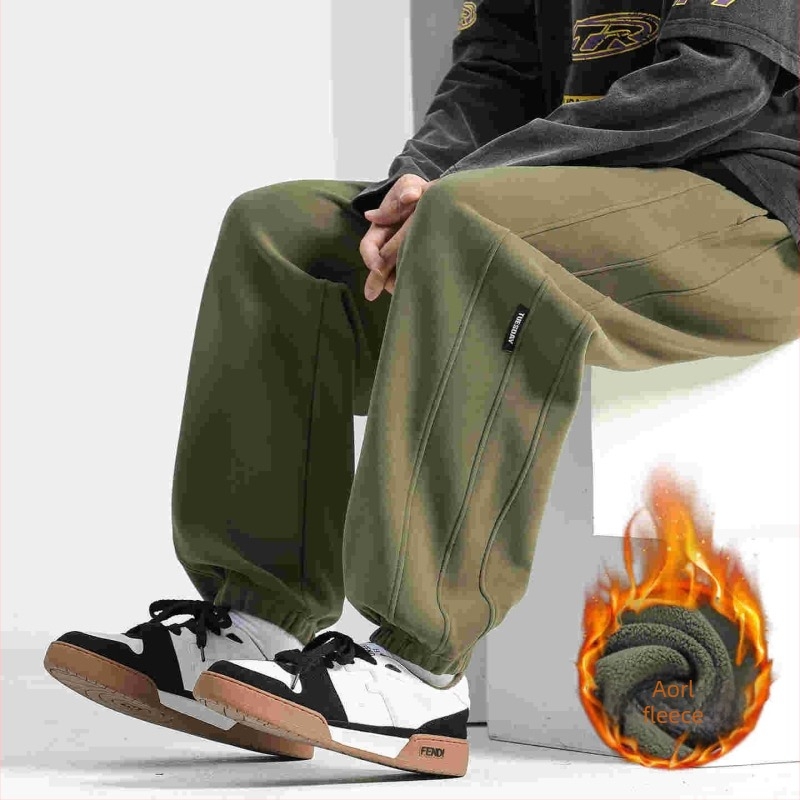 Férfi szélálló, fleece-béléssel ellátott laza sportos nadrág télre, középmagas derék kötővel