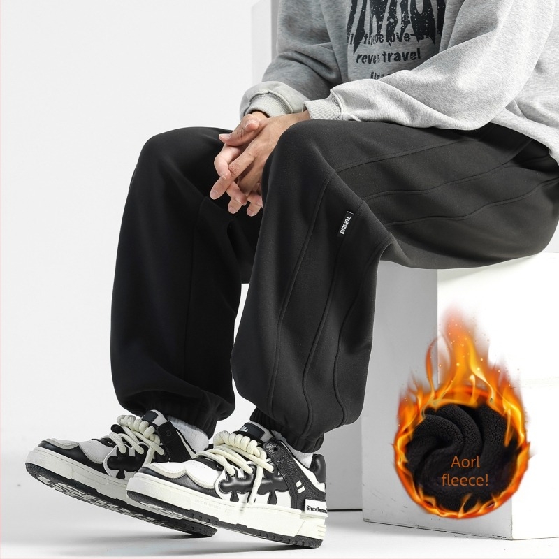 Férfi szélálló, fleece-béléssel ellátott laza sportos nadrág télre, középmagas derék kötővel