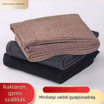 Uniszex gyapjú nadrág, magas derekú, slim-fit, kötött csíkos, dupla réteg, meleg
