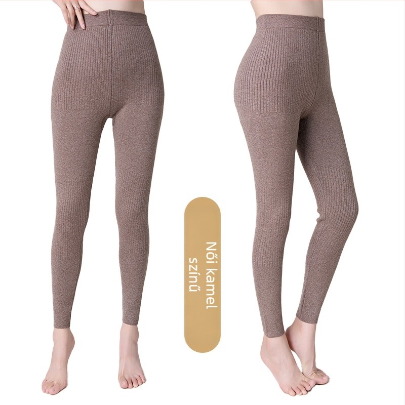 Uniszex gyapjú nadrág, magas derekú, slim-fit, kötött csíkos, dupla réteg, meleg