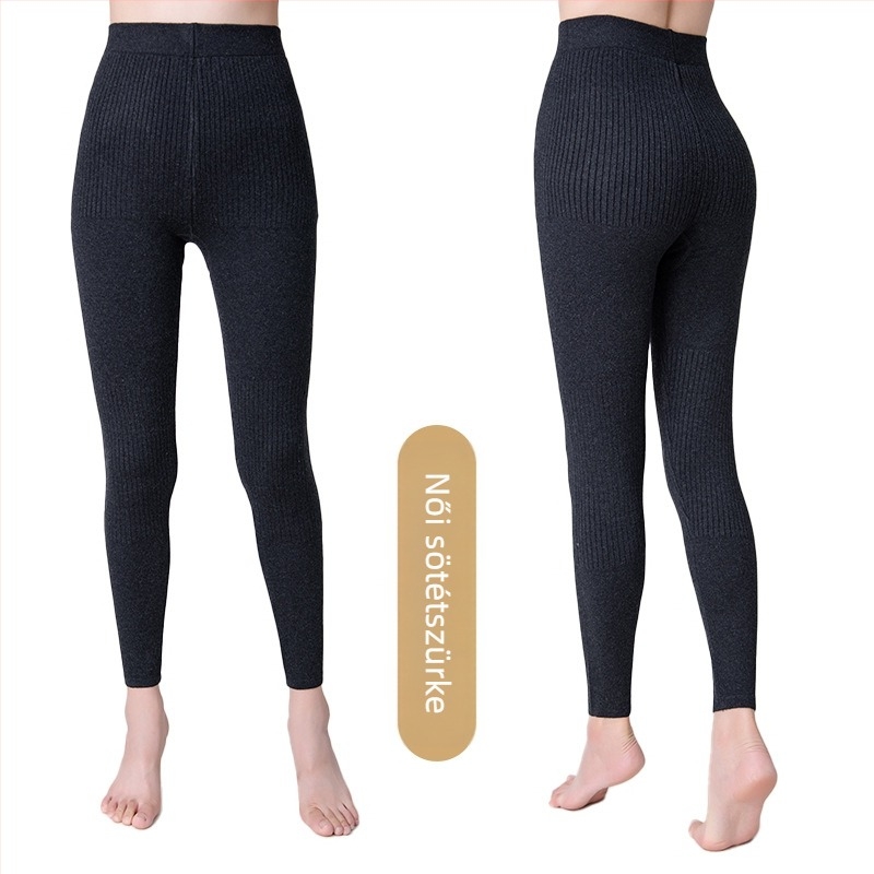 Uniszex gyapjú nadrág, magas derekú, slim-fit, kötött csíkos, dupla réteg, meleg
