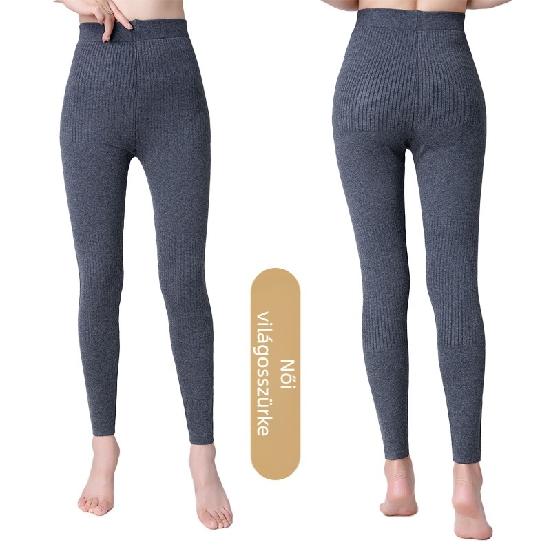 Uniszex gyapjú nadrág, magas derekú, slim-fit, kötött csíkos, dupla réteg, meleg