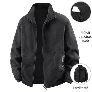 Kétoldalas férfi kabát tavasz-ősze, álló gallér, cipzáras zárás, cipzáros zsebek, külső nylon-keverék anyag, bélés poliészter, testhez álló fazon