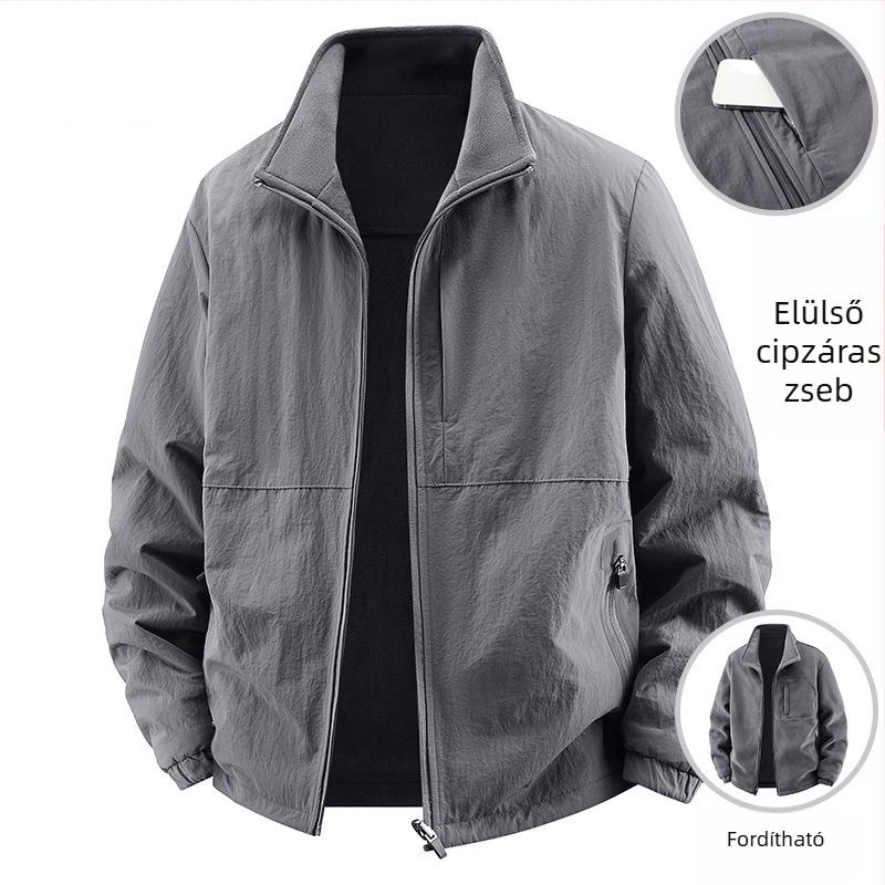 Kétoldalas férfi kabát tavasz-ősze, álló gallér, cipzáras zárás, cipzáros zsebek, külső nylon-keverék anyag, bélés poliészter, testhez álló fazon