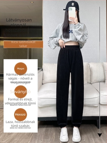 Corduroy harém nadrág nőknek, fleece béléssel és vastag kivitelben, koreai stílusú őszi-téli, jogger nadrág elasztikus derékkal, cropped