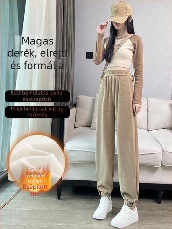 Corduroy harém nadrág nőknek, fleece béléssel és vastag kivitelben, koreai stílusú őszi-téli, jogger nadrág elasztikus derékkal, cropped