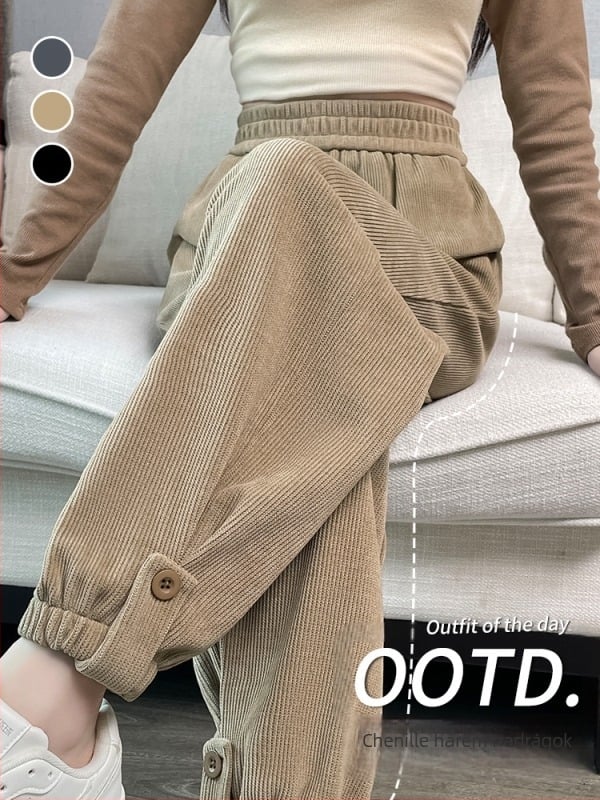 Corduroy harém nadrág nőknek, fleece béléssel és vastag kivitelben, koreai stílusú őszi-téli, jogger nadrág elasztikus derékkal, cropped