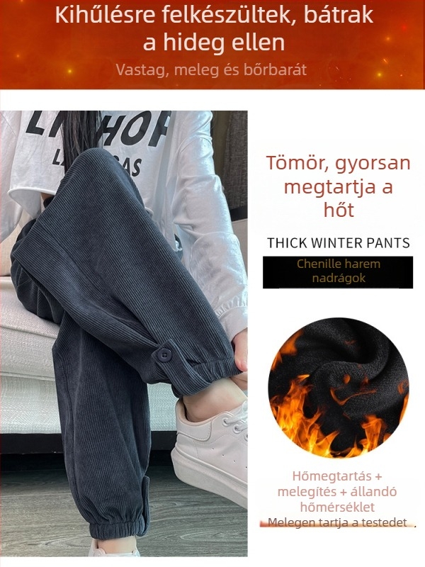Corduroy harém nadrág nőknek, fleece béléssel és vastag kivitelben, koreai stílusú őszi-téli, jogger nadrág elasztikus derékkal, cropped
