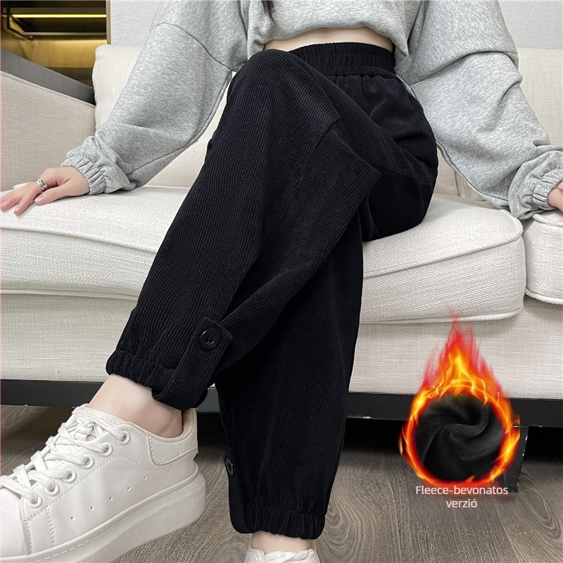 Corduroy harém nadrág nőknek, fleece béléssel és vastag kivitelben, koreai stílusú őszi-téli, jogger nadrág elasztikus derékkal, cropped
