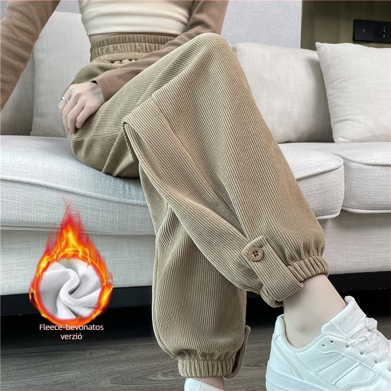 Corduroy harém nadrág nőknek, fleece béléssel és vastag kivitelben, koreai stílusú őszi-téli, jogger nadrág elasztikus derékkal, cropped