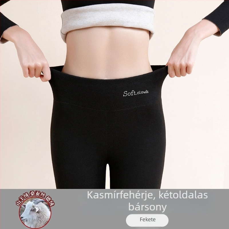 Női őszi-téli gyapjú-selyem termoszabott leggings, magas derék, fleece belső réteg, vastag és rugalmas