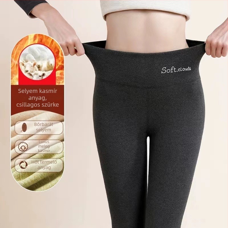 Női őszi-téli gyapjú-selyem termoszabott leggings, magas derék, fleece belső réteg, vastag és rugalmas