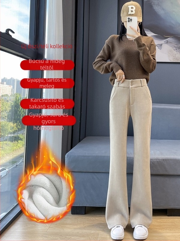 Női fleece-bevonatú, vastagított flared nadrág corduroy széleslábú, magas derék, 2025 őszi-téli