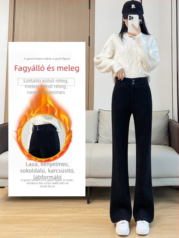 Női fleece-bevonatú, vastagított flared nadrág corduroy széleslábú, magas derék, 2025 őszi-téli