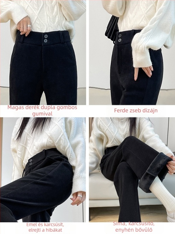 Női fleece-bevonatú, vastagított flared nadrág corduroy széleslábú, magas derék, 2025 őszi-téli