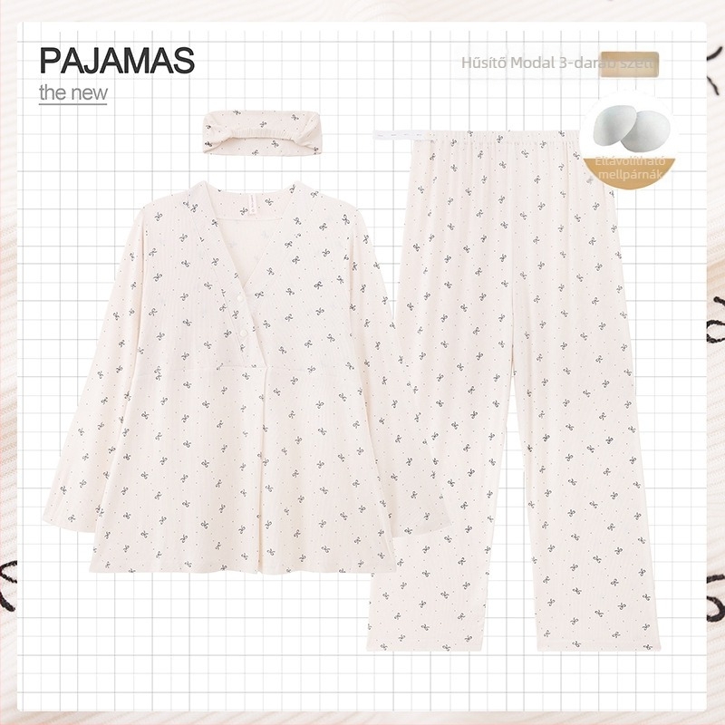 Kismamapizsama leválasztható szoptatási párnákkal – háromrészes készlet, modal hűsítő anyag, 90–95% viszkóz, V-nyak