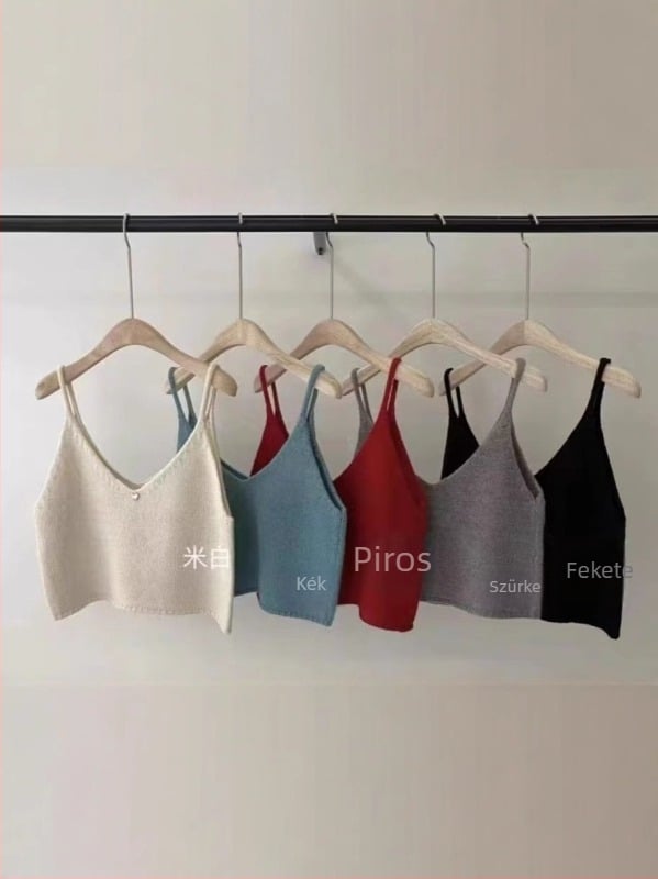 Női kötött camiszol V-nyakkal, ujjatlan, karcsú szabású, rövid hossz 40–50 cm, akril anyag viszkózrosttal (<30%)