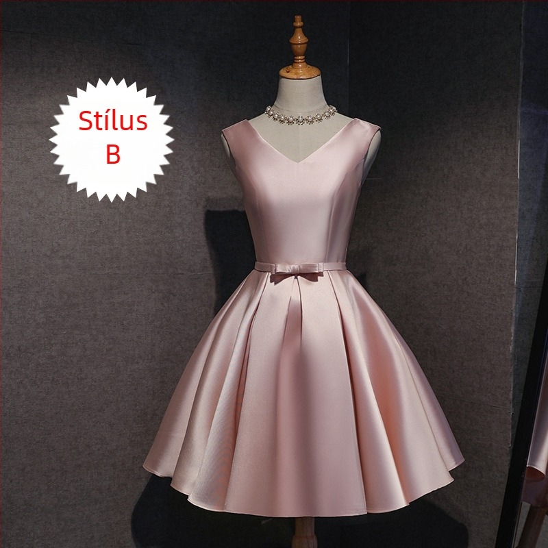 Koszorúslány ruha, rövid ujjú, Sling típusú gallér, olasz gallér, Polyester Braze Dimension anyag, esküvőre