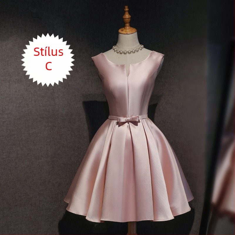 Koszorúslány ruha, rövid ujjú, Sling típusú gallér, olasz gallér, Polyester Braze Dimension anyag, esküvőre