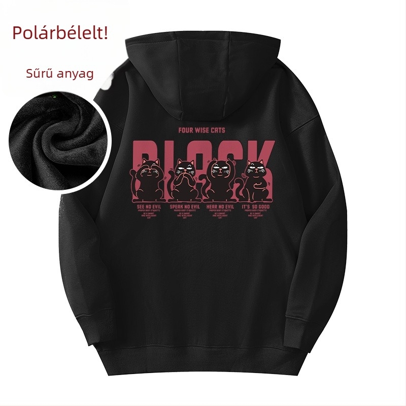 Férfi kapucnis fleece-béléssel ellátott vastag kabát, hosszú ujjú, poliészter, 3D zsebek, téli