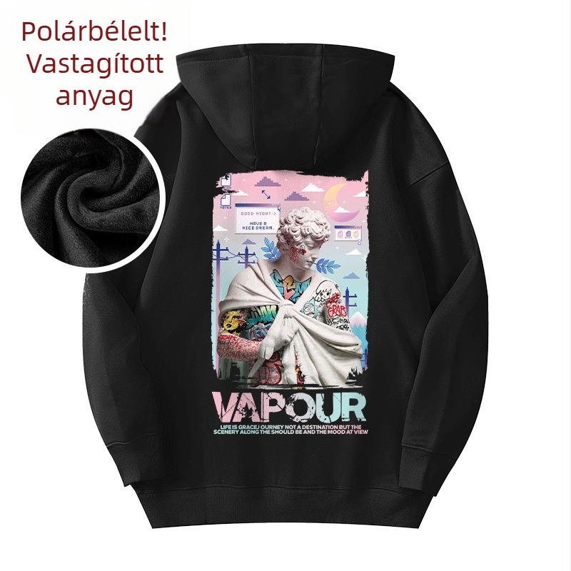 Férfi kapucnis fleece-béléssel ellátott vastag kabát, hosszú ujjú, poliészter, 3D zsebek, téli