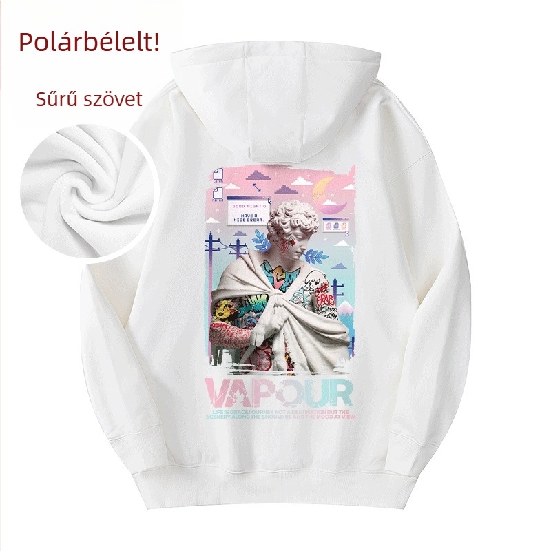 Férfi kapucnis fleece-béléssel ellátott vastag kabát, hosszú ujjú, poliészter, 3D zsebek, téli