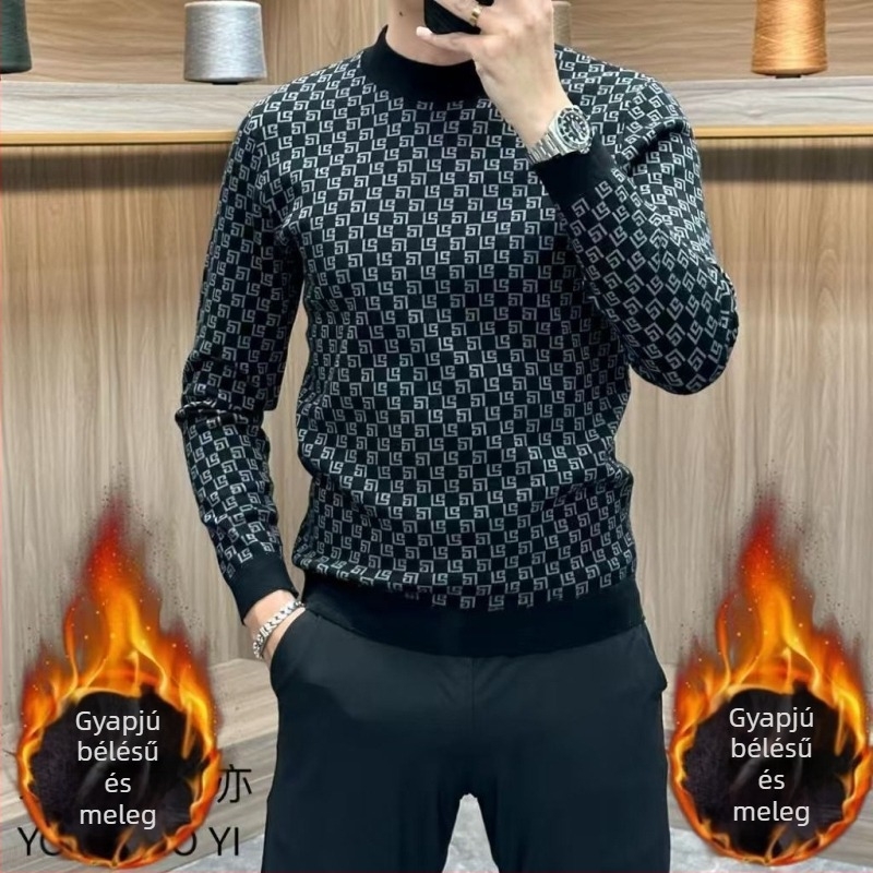 Őszi, magas minőségű férfi fleeces pulóver kerek nyakkal, laza stílus, meleg fleece, sokoldalú alapréteg felső, extra-nagy méret