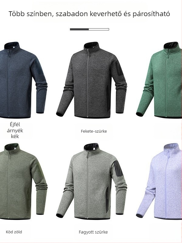 Uniszex fleece kabát álló gallérral, kardigan-stílus, hosszú ujjak, pamutkeverék anyag, 90% kasmír, poliészter bélés